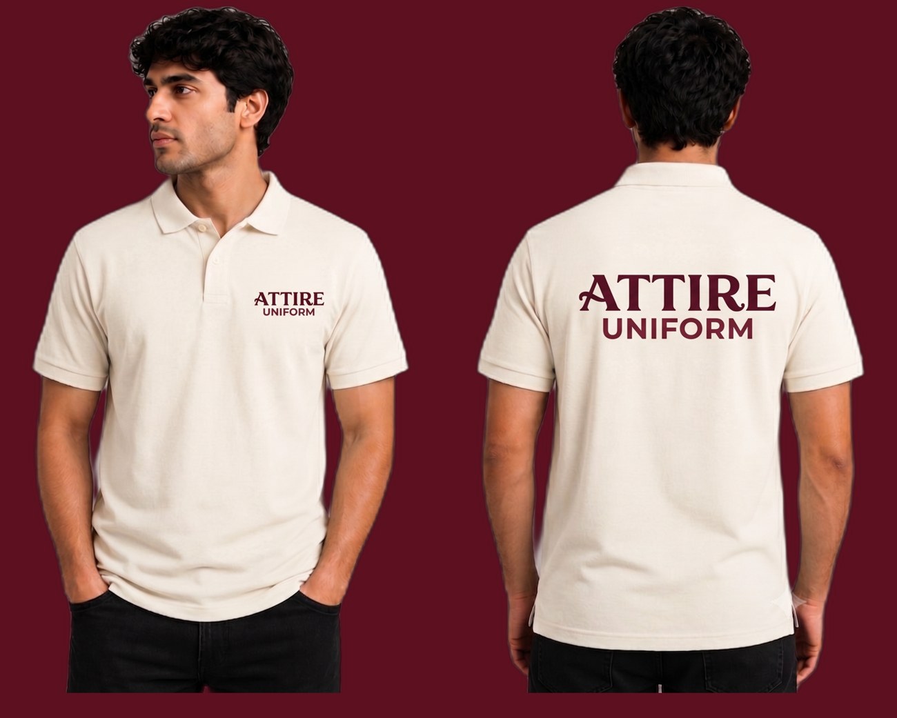 Front and back of a cream polo shirt printed with the Attire Uniform logo
